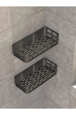 Banyo Duş Rafı 2'li Yapışkanlı ve Deliksiz Duş Organizer Suya Dayanıklı Siyah Raf