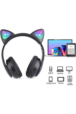 Siyah Kedi Kulağı Tasarımlı Bluetooth Kulaklık - Çocuklar İçin Eğlenceli ve Dayanıklı