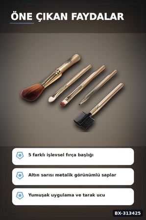 5 Parça Profesyonel Makyaj Fircasi Seti - Sarı Renk Kozmetik Far Allik Fondoten Fircasi BX-313425
