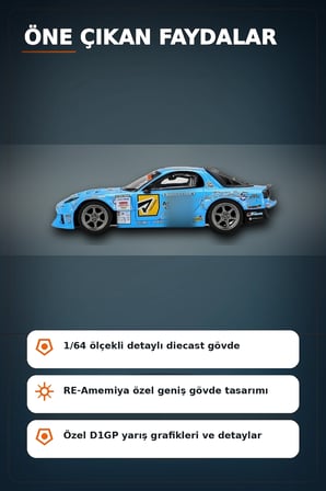 Detaylı 1/64 Ölçek Mazda RX-7 RE-Amemiya D1GP Model Araba - Koleksiyonluk Diecast Oyuncak BX-313378