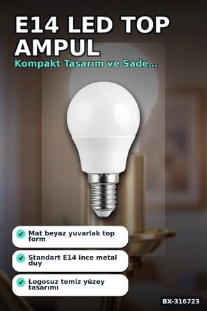 LED Top Ampul E14 İnce Duy 6W 6500K Beyaz Işık 540 Lümen Avize Aplik Ampulü BX-316723