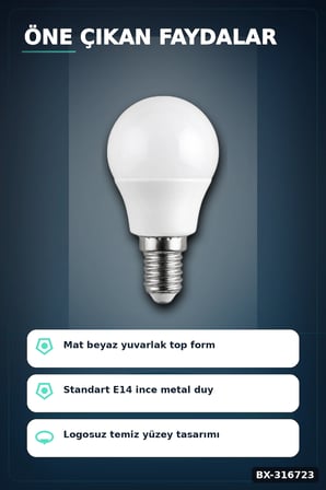 LED Top Ampul E14 İnce Duy 6W 6500K Beyaz Işık 540 Lümen Avize Aplik Ampulü BX-316723