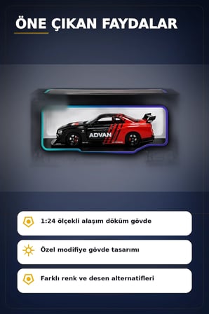 Detaylı 1/24 Ölçek R34 Modifiye Spor Model Araç - Tek Renk Seçimli, Koleksiyonluk Oyunca BX-313408