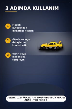 Detaylı 1/24 Ölçek R34 Modifiye Spor Model Araç - Tek Renk Seçimli, Koleksiyonluk Oyunca BX-313408