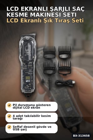 LCD Ekranlı 1800 mAh Şarjlı Saç Kesme Makinesi USB Şarjlı 4 Taraklı Tıraş Makinesi Seti BX-313658