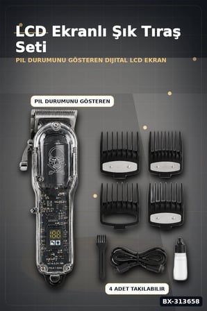 LCD Ekranlı 1800 mAh Şarjlı Saç Kesme Makinesi USB Şarjlı 4 Taraklı Tıraş Makinesi Seti BX-313658