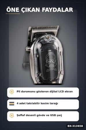 LCD Ekranlı 1800 mAh Şarjlı Saç Kesme Makinesi USB Şarjlı 4 Taraklı Tıraş Makinesi Seti BX-313658