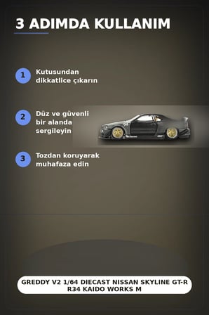 GReddy V2 1/64 Diecast Nissan Skyline GT-R R34 Kaido Works Model Araba, Koleksiyonluk BX-313373