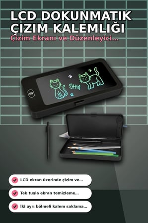 LCD Dokunmatik Çizim Kalemliği Siyah - 2 Bölmeli Kalemlik, Eğitici Çocuk Oyuncak BX-313442