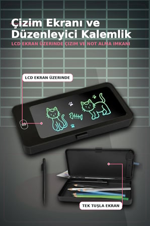 LCD Dokunmatik Çizim Kalemliği Siyah - 2 Bölmeli Kalemlik, Eğitici Çocuk Oyuncak BX-313442