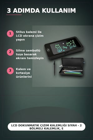 LCD Dokunmatik Çizim Kalemliği Siyah - 2 Bölmeli Kalemlik, Eğitici Çocuk Oyuncak BX-313442