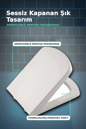 Sessiz Amortisörlü 44x35 cm Beyaz Kare Klozet Kapağı - Yavaş Kapanan Mekanizma BX-313437