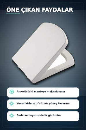 Sessiz Amortisörlü 44x35 cm Beyaz Kare Klozet Kapağı - Yavaş Kapanan Mekanizma BX-313437