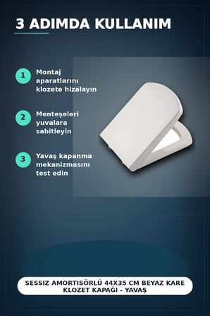 Sessiz Amortisörlü 44x35 cm Beyaz Kare Klozet Kapağı - Yavaş Kapanan Mekanizma BX-313437