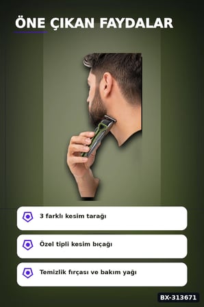 T Bıçaklı Şarjlı Saç Sakal Tıraş Makinesi 3 Taraklı Kablosuz Erkek Bakım Seti BX-313671