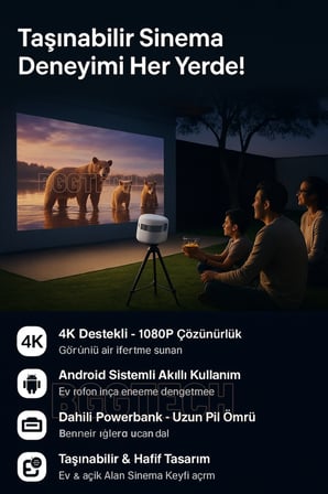4K Destekli 1080P Çözünürlüklü Android Projeksiyon Cihazı, Taşınabilir ve Kablosuz Bağlantılı