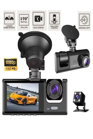 1080p 3 Kameralı Araç İçi Kamera IPS Ekranlı Ultra Geniş Açılı Gece Görüşlü G Sensörlü