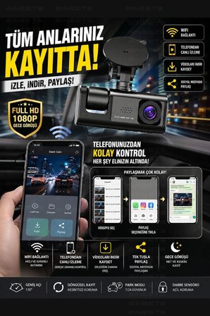 WiFi 1080p 3 Kameralı Araç İçi Kamera LCD Ekranlı Gece Görüşlü G Sensörlü Geniş Açılı