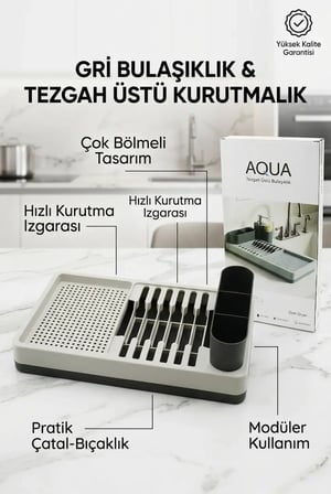 Drenajlı Gri Bulaşıklık Tezgah Üstü Tabak Bardak Kurutma Mutfak Düzenleyici
