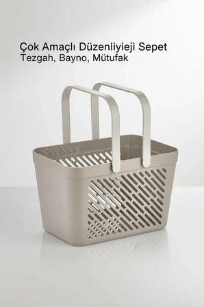 1'li Gri Çok Amaçlı Kulplu Sepet Mutfak Banyo Organizer Taşıma Sepeti