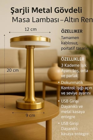 Gold Mantar Masa Lambası 3 Renk Modlu Kablosuz Şarjlı Dekoratif Metal LED Abajur