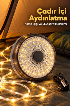 LED Kamp Lambası Dairesel Aydınlatma Yüzeyli ve Şeritli
