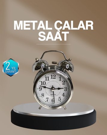 Dekoratif Yuvarlak Gümüş Sessiz Işıklı Masa Üstü Çalar Saat Alarmlı ve Şık Tasarım