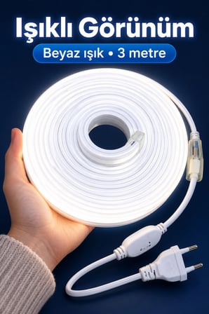 Beyaz Işıklı Şerit Aydınlatma 3 Metre Fişli Model