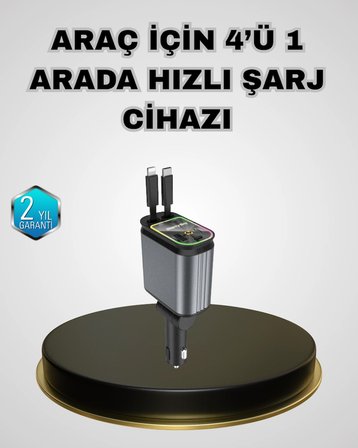Araç Şarj Adaptörü 66W PD QC Hızlı Şarjlı ve Çekilebilir Kablolu