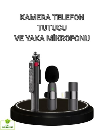 Vlog ve Canlı Yayın İçin Çift Yaka Mikrofonu ve Tripodlu Selfie Çubuğu Seti