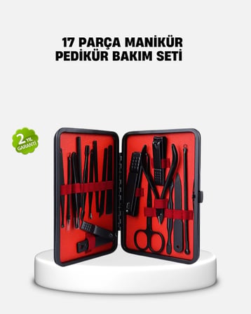 17 Parça Profesyonel Manikür Pedikür Seti Paslanmaz Çelik Siyah Kutu