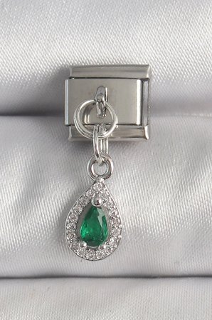 316L Çelik Gümüş Renk Sallantı Yeşil Zirkon Taşlı Damla Model Nomination Charm