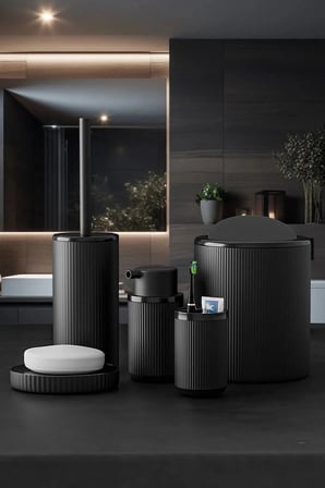 Yuvarlak Siyah 5 Parça Banyo Seti Çöp Kovası Fırça Sabunluk Diş Fırçalık Aksesuar