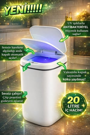 Akıllı Otomatik Kapaklı 20 Litre Çöp Kutusu Hareket Sensörlü Hijyenik Sessiz Ev Ofis