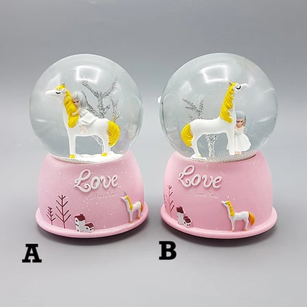 Mini Pembe Kar Küresi - Sevimli Unicorn ve Kız Tasarımlı - Işıklı