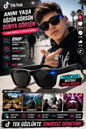 Yapay Zeka Asistanlı 8MP Kameralı Akıllı Gözlük ChatGPT Destekli Fotoğraf ve Video Kayıtlı