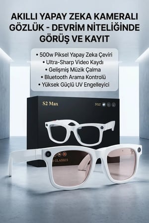 Beyaz AI Akıllı Gözlük No 19 Kameralı Bluetooth 8MP Kamera Fotoğraf Video ve Ses Kayıt Özellikli