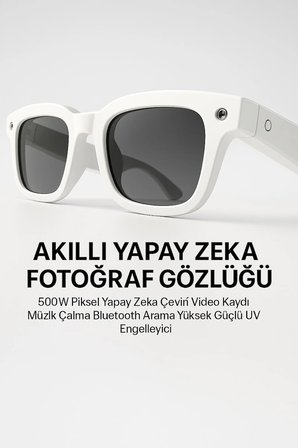 Beyaz AI Akıllı Gözlük No 22 Kameralı Bluetooth Birinci Şahıs Çekim Kamera Mikrofon ve Hoparlörlü