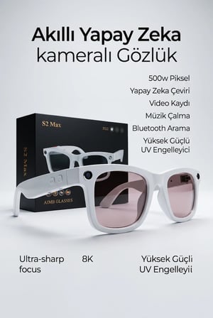 Beyaz AI Akıllı Gözlük No 24 Kameralı Bluetooth Fotoğraf Video Ses Kaydı ve Kablosuz Bağlantı