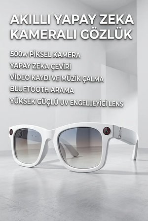Beyaz AI Akıllı Gözlük No 27 Kameralı Bluetooth Yapay Zeka Çeviri ve Ses Kayıt Özellikli