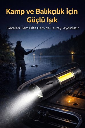 USB Şarjlı Zoomlu Mini El Feneri Yan COB LED Q5 Güçlü Işık SOS Mod Kutulu Kamp ve Balıkçı Feneri