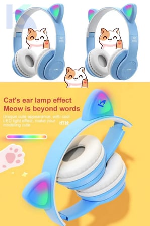 Mor Renkli Kulak Üstü Bluetooth Kulaklık, Kablolu Bağlantı ve Kedi Kulağı Tasarımı