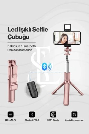 Led Işıklı Selfie Çubuğu Bluetooth Kumandalı Kablosuz Tripot Selfie Monopod Selfie Stick (Pembe)