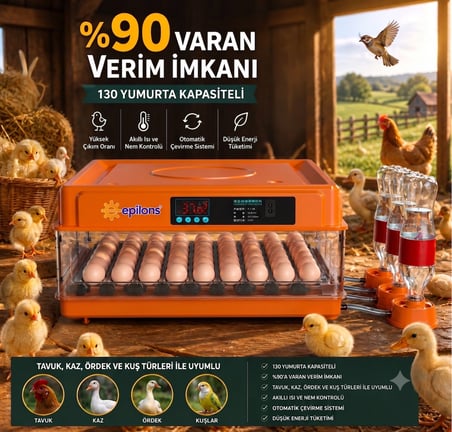 Tam Otomatik Kuluçka Makinesi 130 Yumurta Kapasiteli - Akıllı Isı ve Nem Kontrollü, Ayarlanabilir Viyol, Otomatik Su Sistemli