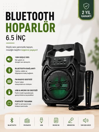 Yeni Nesil 6.5 İnç Bluetooth Hoparlör Mikrofonlu Taşınabilir Ses Sistemi