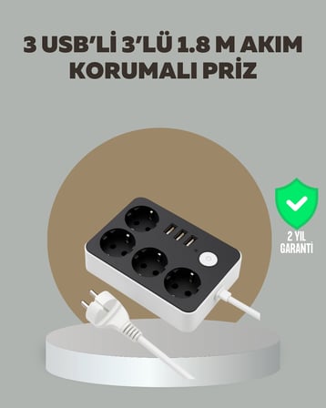 4 Prizli 3 USB Portlu Anahtarlı Akım Korumalı Priz