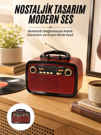 Nostalji Radyo Bluetooth Hoparlör USB-SD Kart Giriş Led Fener Işıklı Bataryalı Pilli Yeni Nesil