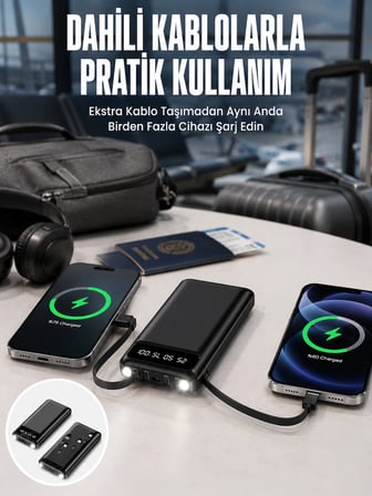 20.000 Mah Led Işıklı LCD Ekran USB Girişli Type-C Lightning Powerbank Yeni Nesil