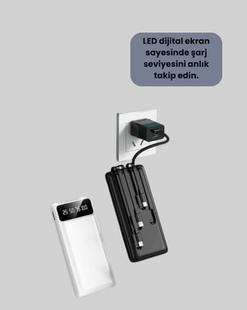 20.000mAh PD Powerbank LED Işık LCD Ekran Dahili Kablo Çoklu Giriş