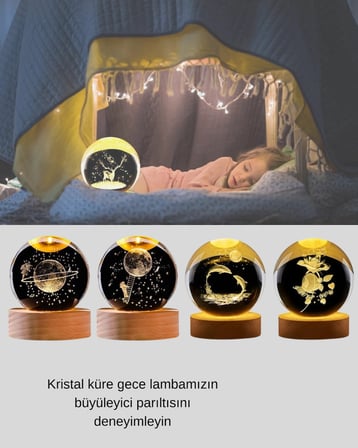 Yunus Temalı Kristal Küre USB Işıklı Ahşap Altlıklı Gece Lambası